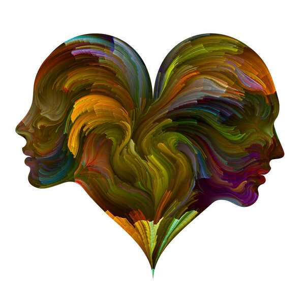 "Soul Mates". Головы самцов и самок соединились в символ формы сердца с мазками цифровой краски. Иллюстрация на тему любви, романтики, брака и семьи
.