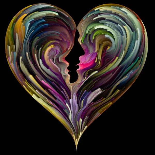 Soul Mates series. Male and female face silhouettes integrated into heart shape symbol with brushstrokes of digital paint. Illustration on subject of love, romance,  marriage and family.