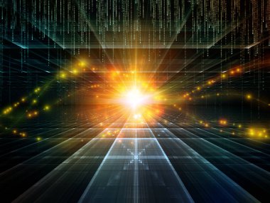 Matematik, geometri, bilim, eğitim ve iletişim teknolojisi konularında matris numaralarının üst üste bindirildiği fraktal şebekeler ve ışıklar kullanılarak sanal uzayın 3D çizimi.