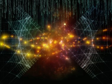 Matematik, geometri, bilim, eğitim ve iletişim teknolojisi konularında matris numaralarının üst üste bindirildiği fraktal şebekeler ve ışıklar kullanılarak sanal uzayın 3D çizimi.