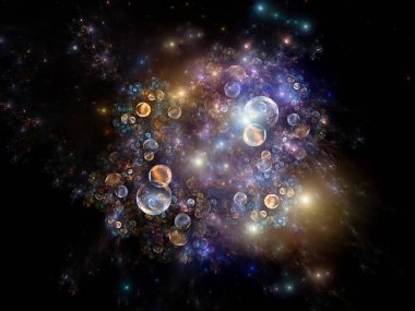 3D illustration of fractal spheres and lights on the subject of elementary particle creation, space physics, astrophysics, education and virtual reality. clipart