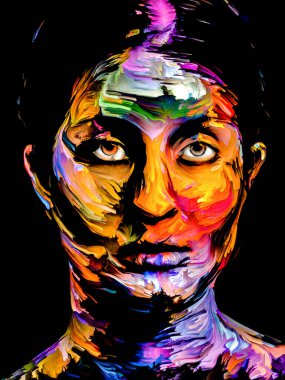 Parlak Bayan. Yüz boyama serisi. Yaratıcılık, hayal gücü, resim ve görsel sanatlar konusu için siyah tuval üzerinde genç bir kadının renkli portresinin kompozisyonu