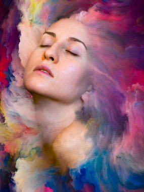 Dünya serisi. Duygular, duygular, iç dünya, yaratıcılık ve hayal gücü üzerine projeler için uygun bir zemin olarak canlı boyayla kaynaştırılmış kadın portresinin bileşimi