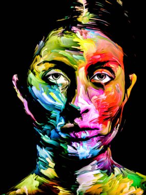 Canlı bir kadın. Yüz boyama serisi. Yaratıcılık, hayal gücü, resim ve görsel sanat teması üzerine siyah tuval üzerinde genç bir kadının renkli portresinin düzenlenmesi