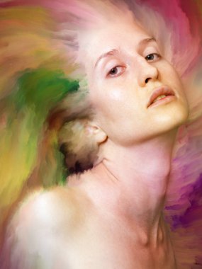 Dünya serisi. Duygular, duygular, iç dünya, yaratıcılık ve hayal gücü konularında kadın portresiyle birleştirilmiş soyut tasarım.