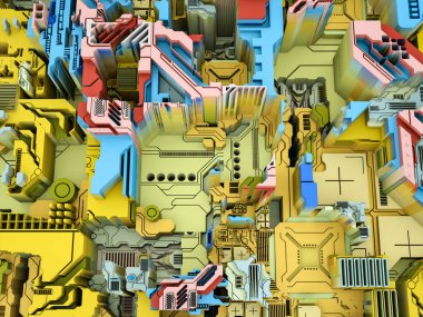 Yer Değiştirme Dünyası serisi. Bilim, modern teknoloji ve eğitim konularında soyut teknolojik örüntünün 3 boyutlu yorumlanması.