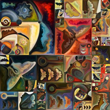 İç şifreleme serisi. Gizli anlamlar, kutsal yaşam, drama, şiir, mistisizm ve sanat konularındaki soyut organik formlar, sanat dokuları ve renklerin kolajı.