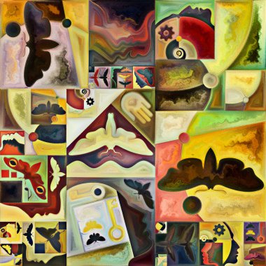 İç şifreleme serisi. Gizli anlamlar, kutsal yaşam, drama, şiir, mistisizm ve sanat konularındaki soyut organik formların ve sanat dokularının renkli kolajı.