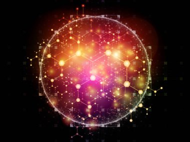 Moleküler yapı serisi. Soyut arkaplan üzerindeki soyut atomların bilim ve teknoloji konularındaki kristal ağa yerleştirilmesi.