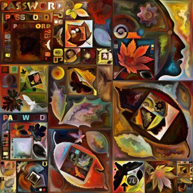 Çıkış Formu. Gizli şifre serisi. İnsan siluetinin düzenlenmesi, sanat dokuları ve renklerin iç yaşam, drama, şiir ve algı teması üzerine etkileşimi