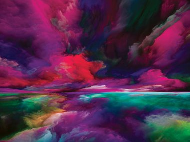 Ahiret Bulutları. Gerçekliğe Kaçış dizisi. Sahne resmi, hayal gücü, yaratıcılık ve sanat konularında gerçeküstü günbatımı renkleri ve dokularının arka plan kompozisyonu