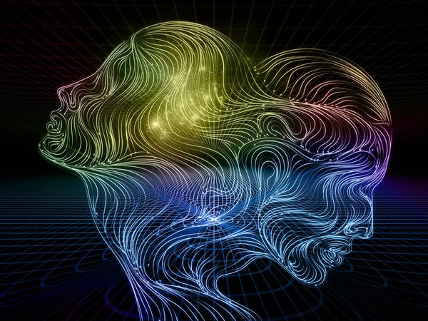 人間の心 仮想現実をテーマにした矢印 フラクタルグリッド ライトで構成された人間のシルエットの相互作用 — ストック写真