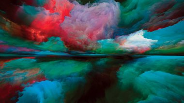 Hayalet Dağları. Gerçekliğe Kaçış dizisi. Sahne resmi, hayal gücü, yaratıcılık ve sanat konularında gerçeküstü günbatımı renkleri ve dokularının arka plan kompozisyonu