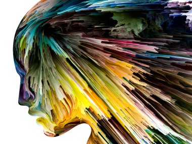 Rahatsız edici Düşünceler serisi. İnsan yüzü siluetinde hareketli karamsar bir boya. İç dünya, zihin, psikoloji, depresyon, anksiyete, zihinsel hastalık, yaratıcılık ve soyut sanat konularındaki sanat çalışmaları.