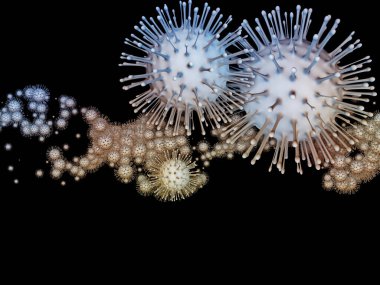 Virüs Mantığı. Viral Salgın Serisi. Coronavirus parçacıkları ve virüs, salgın, enfeksiyon, hastalık ve sağlıkla ilgili mikro uzay elementlerinin 3D Illustration 'ı