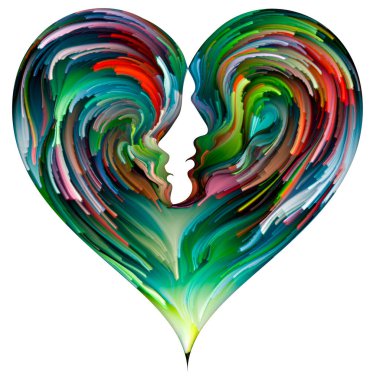 Duygusal Palet serisi. Heart Over Egos. Aşk, ilişkiler ve romantizm konularındaki erkek ve kadın siluetlerinin birleşiminde canlı renklerin soyut resmi.