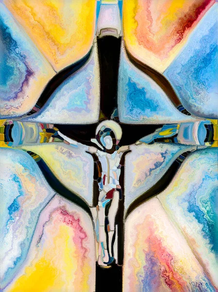 信仰心の強さ ステンドグラスシリーズのクロス キリストと自然の十字架刑の断片化された団結に関するプロジェクトのための有機的な教会の窓の色パターンで構成された背景 — ストック写真