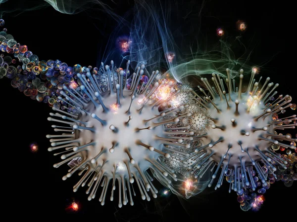 Darstellung Des Zusammenspiels Von Viruspartikeln Und Abstrakten Mikroskopischen Elementen Zum — Stockfoto