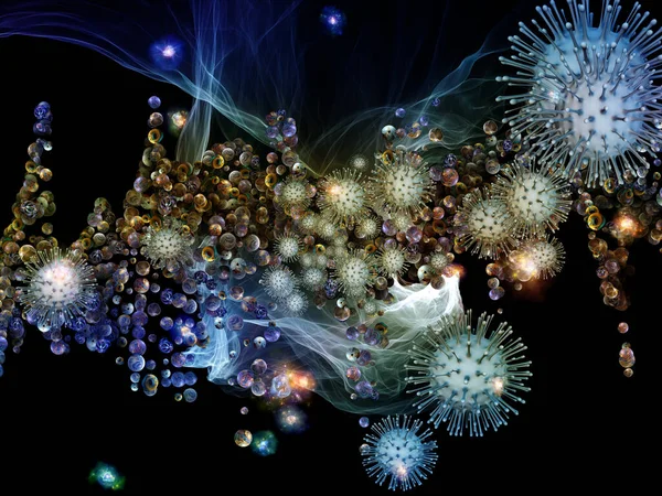 Återgivning Samspelet Mellan Virala Partiklar Och Abstrakta Mikroskopiska Element Ämnet — Stockfoto