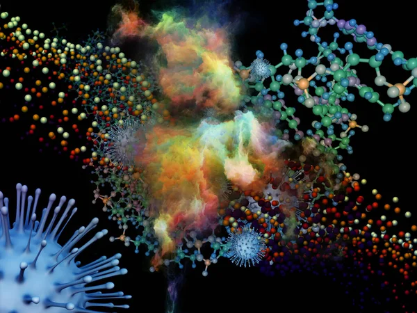 抽象Coronavirus病毒颗粒的三维绘制及病毒体与微环境或免疫系统相互作用的三维抽象元件 — 图库照片