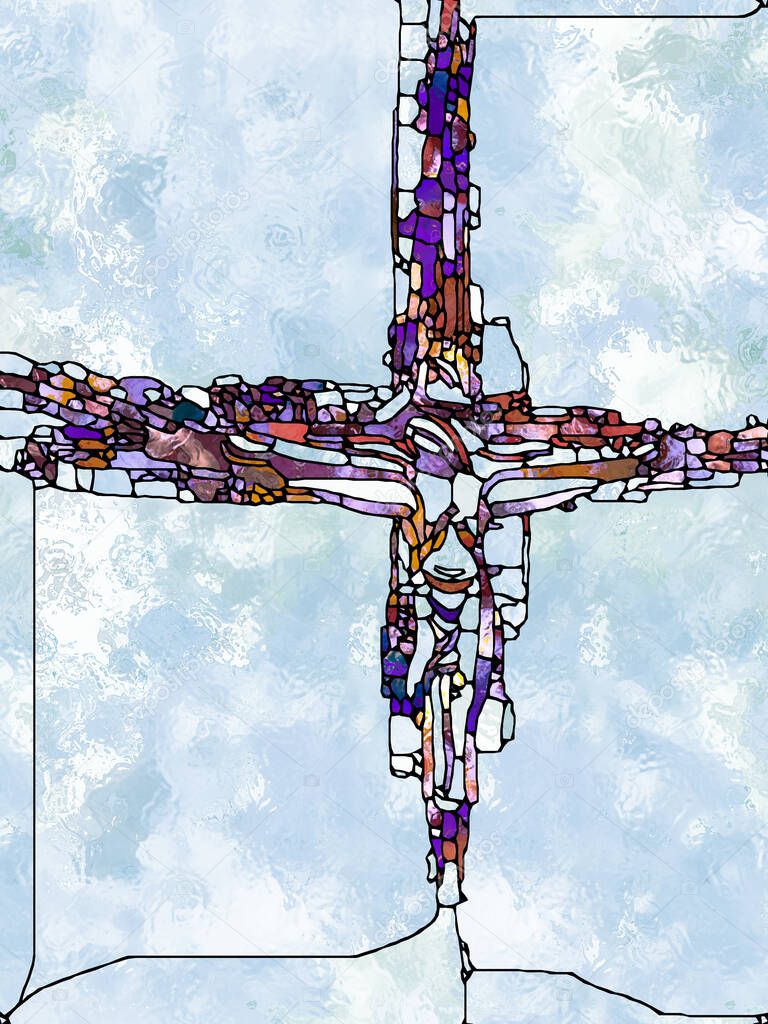 Faith of Light. Cross of Stained Glass series. Composition of organic church window color pattern on theme of fragmented unity of Crucifixion of Christ and Nature