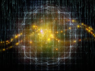 Matematik, geometri, bilim, eğitim ve iletişim teknolojisi konularında matris numaralarının üst üste bindirildiği fraktal şebekeler ve ışıklar kullanılarak sanal uzayın 3D çizimi.