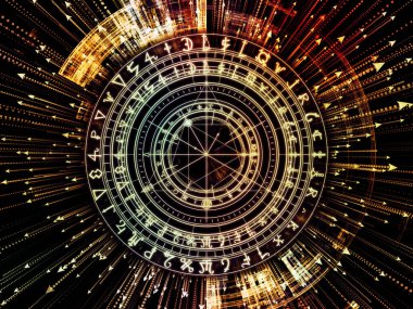 Anlam serisi çemberi. Tasarım kutsal sembolleri, oklar ve fraktal öğeleri maneviyat, Astroloji, fal ve sihir konusunda bir metafor olarak oluşur