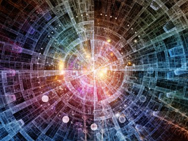 Eğitim, modern teknoloji, bilim ve sanal gerçeklik konularındaki fraktal disk ve soyut yapıların 3 boyutlu çizimi.