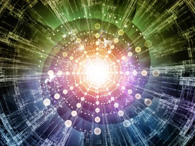 Eğitim, modern teknoloji, bilim ve sanal gerçeklik konularındaki fraktal disk ve soyut yapıların 3 boyutlu çizimi.