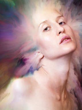 Dünya serisi. Kadın portresinin arka plan tasarımı duygular, duygular, iç dünya, yaratıcılık ve hayal gücü üzerine canlı boyalar ile kaynaştırılmış.