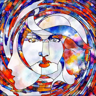 Organik Geometri serisi. İnsan yüzünün rengarenk unsurları iç dünya ve insan zihni üzerinde boyalı cam desenlerde uygulanır..