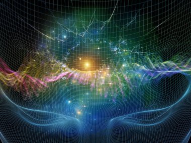 Zihin dalgası serisi. Bilinç, akıl, düşünce ve iç dünya üzerine soyut ışık dalgalarıyla insan yüzünün kablo çerçevesi..