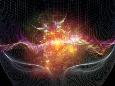 Zihin dalgası serisi. Bilinç, akıl, düşünce ve iç dünya üzerine soyut ışık dalgalarıyla insan yüzünün kablo çerçevesi..