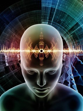 Vibrant Minds serisi. İnsan kafasının arka planı ve yapay zeka, düşünme kalıpları, eğitim ve modern teknoloji üzerine çeşitli fraktal dalga kalıpları.