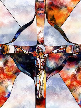 İnanç Parçaları. Lekeli Camların Haçı serisi. İsa ve Doğa 'nın çarmıha gerilmesinin parçalanmış birliği temasının organik kilise pencere desenlerinden oluşan soyut bir arka plan.