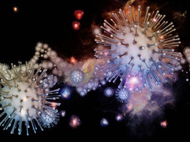 Coronavirus Araştırma. Viral Salgın Serisi. Virüs, salgın, enfeksiyon, hastalık ve sağlık konularındaki projeler için 3 boyutlu Coronavirus parçacıkları ve mikro uzay elementleri