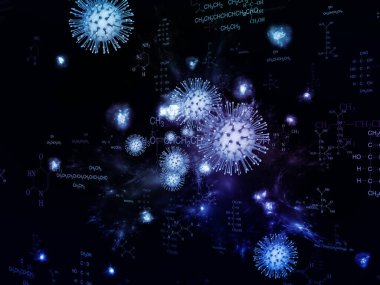 Coronavirus Kimya. Viral Salgın Serisi. Coronavirus parçacıkları ve mikro uzay elementlerinin virüs, salgın, enfeksiyon, hastalık ve sağlık projeleri için uygun 3D Illustration