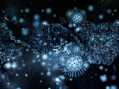 Coronavirus Evreni. Viral Salgın Serisi. Virüs, salgın, enfeksiyon, hastalık ve sağlık konularında 3 boyutlu Coronavirus parçacıkları ve mikro uzay elementleri
