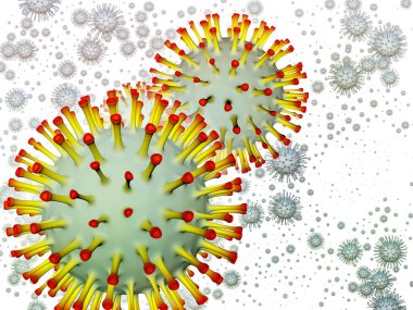 Coronavirus Matematik. Viral Salgın Serisi. 3 boyutlu Coronavirus parçacıkları ve mikro uzay elementlerinin virüs, salgın hastalık, enfeksiyon, hastalık ve sağlık ile kavramsal ilişkisi