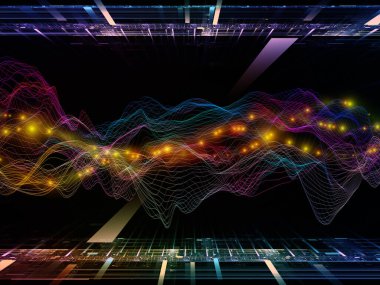 Uzayda aktarım. Sanal Dalga serisi. Veri transferi, sanal, yapay, matematiksel gerçeklik için yatay sinüs dalgalarının ve ışık parçacıklarının 3D görüntülenmesi.