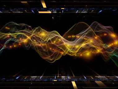 Uzay Sinyali. Sanal Dalga serisi. Veri transferi teması üzerine yatay sinüs dalgaları ve ışık parçacıklarının düzenlenmesi, sanal, yapay, matematiksel gerçeklik.