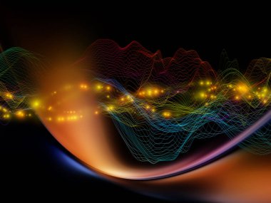 Uzay Geometrisi. Sanal Dalga serisi. Veri transferi, sanal, yapay, matematiksel gerçeklik projeleri için uygun yatay sinüs dalgaları ve ışık parçacıklarının soyut düzenlenmesi.