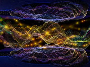 Uzay Mantığı. Sanal Dalga serisi. Veri transferi, sanal, yapay, matematiksel gerçeklik üzerine çalışmalar için yatay sinüs dalgaları ve ışık parçacıklarının görsel olarak memnun edici bileşimi.