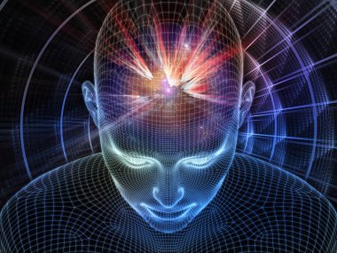 Dijital boşluk. Bilinçli Zihin serisi. Yapay zeka, insan bilinci ve ruhani yapay zekanın metaforu olarak parlayan tel örgü insan yüzünün üç boyutlu bir tasarımı.