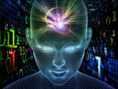 Dijital Düşünceler. Bilinçli Zihin serisi. Parlayan kablonun 3 boyutlu görüntülenmesi yapay zeka, insan bilinci ve ruhani yapay zeka projelerinde kullanılmak üzere insan yüzünü örgüler.