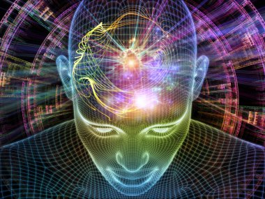 Dijital Düşünceler. Bilinçli Zihin serisi. Parlayan kablonun 3 boyutlu görüntülenmesi yapay zeka, insan bilinci ve ruhani yapay zeka projelerinde kullanılmak üzere insan yüzünü örgüler.