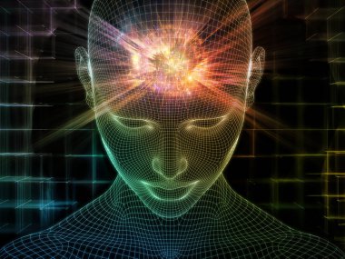Parlak Rüyalar. Bilinçli Zihin serisi. Yapay zeka, insan bilinci ve ruhsal yapay zeka konularında 3 boyutlu parlayan tel insan yüzünü soyutlaması