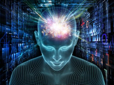 Parlak Rüyalar. Bilinçli Zihin serisi. Yapay zeka, insan bilinci ve ruhsal yapay zeka konularında 3 boyutlu parlayan tel insan yüzünü soyutlaması