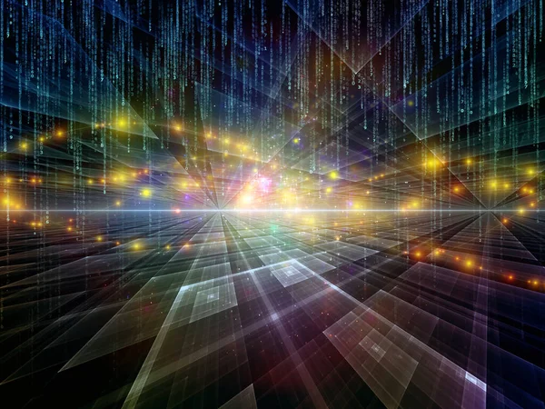 Illustration Virtual Space Using Fractal Grids Lights Overlay Matrix Numbers — Stock Photo, Image