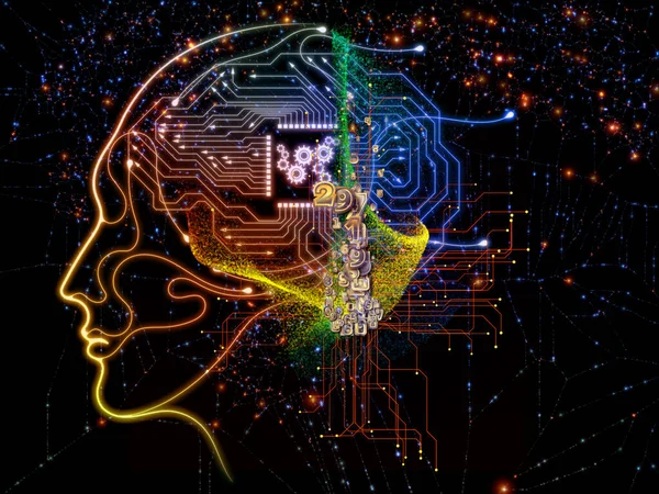 Cykl Wirtualnego Umysłu Głowa Człowieka Zintegrowana Komponentami Procesora Temat Sztucznej — Zdjęcie stockowe